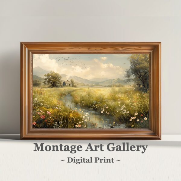 Meadow Symphony by the Stream Wall Art Print with Rustic Country Landscape in Spring