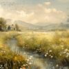 Meadow Symphony by the Stream Wall Art Print with Rustic Country Landscape in Spring