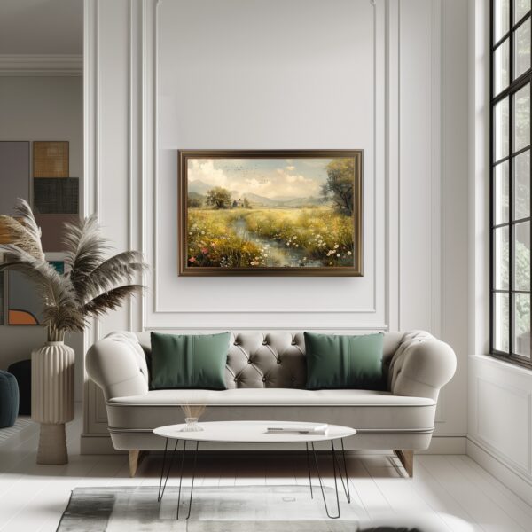 Meadow Symphony by the Stream Wall Art Print with Rustic Country Landscape in Spring