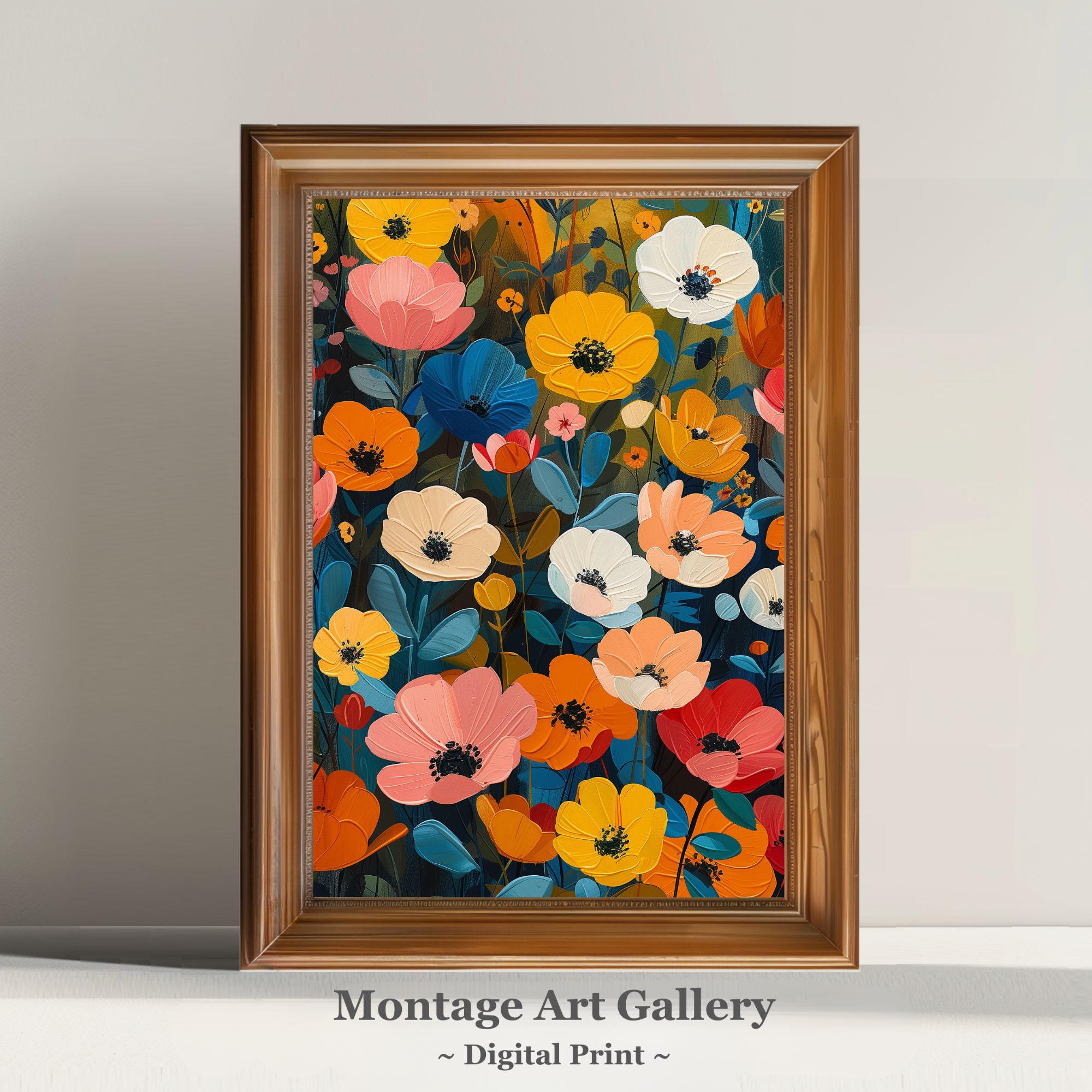 Vibrant Floral Spring Meadow Wall Art Print with Botanical Flower Painting.