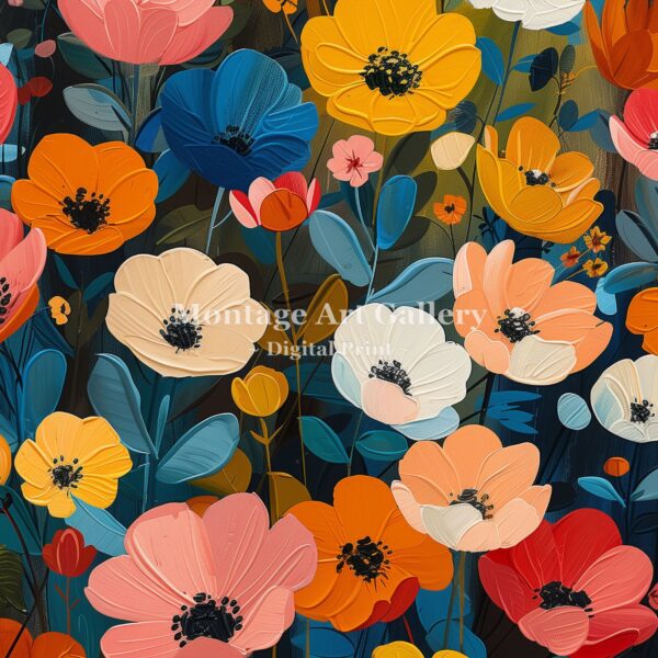 Vibrant Floral Spring Meadow Wall Art Print with Botanical Flower Painting.