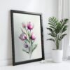 Pink Tulips Wall Art Print, Watercolor Tulip Bouquet, Minimalist Summer Floral Painting.