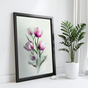 Pink Tulips Wall Art Print, Watercolor Tulip Bouquet, Minimalist Summer Floral Painting.