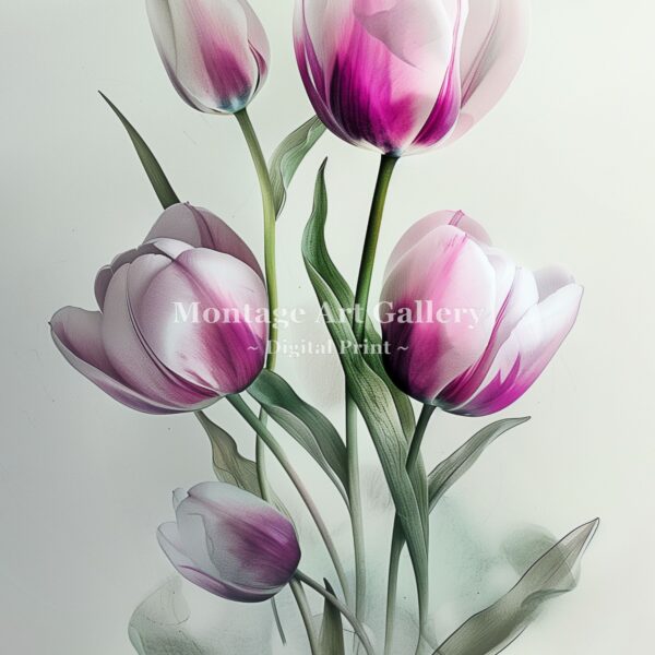 Pink Tulips Wall Art Print, Watercolor Tulip Bouquet, Minimalist Summer Floral Painting.