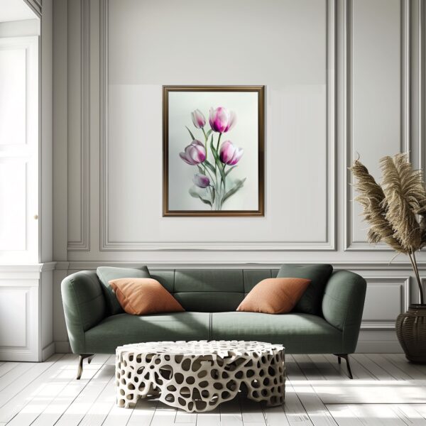 Pink Tulips Wall Art Print, Watercolor Tulip Bouquet, Minimalist Summer Floral Painting.