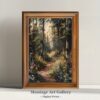 Wildflowers in sunlit woodland art print featuring flowers, trees, and a peaceful nature scene.