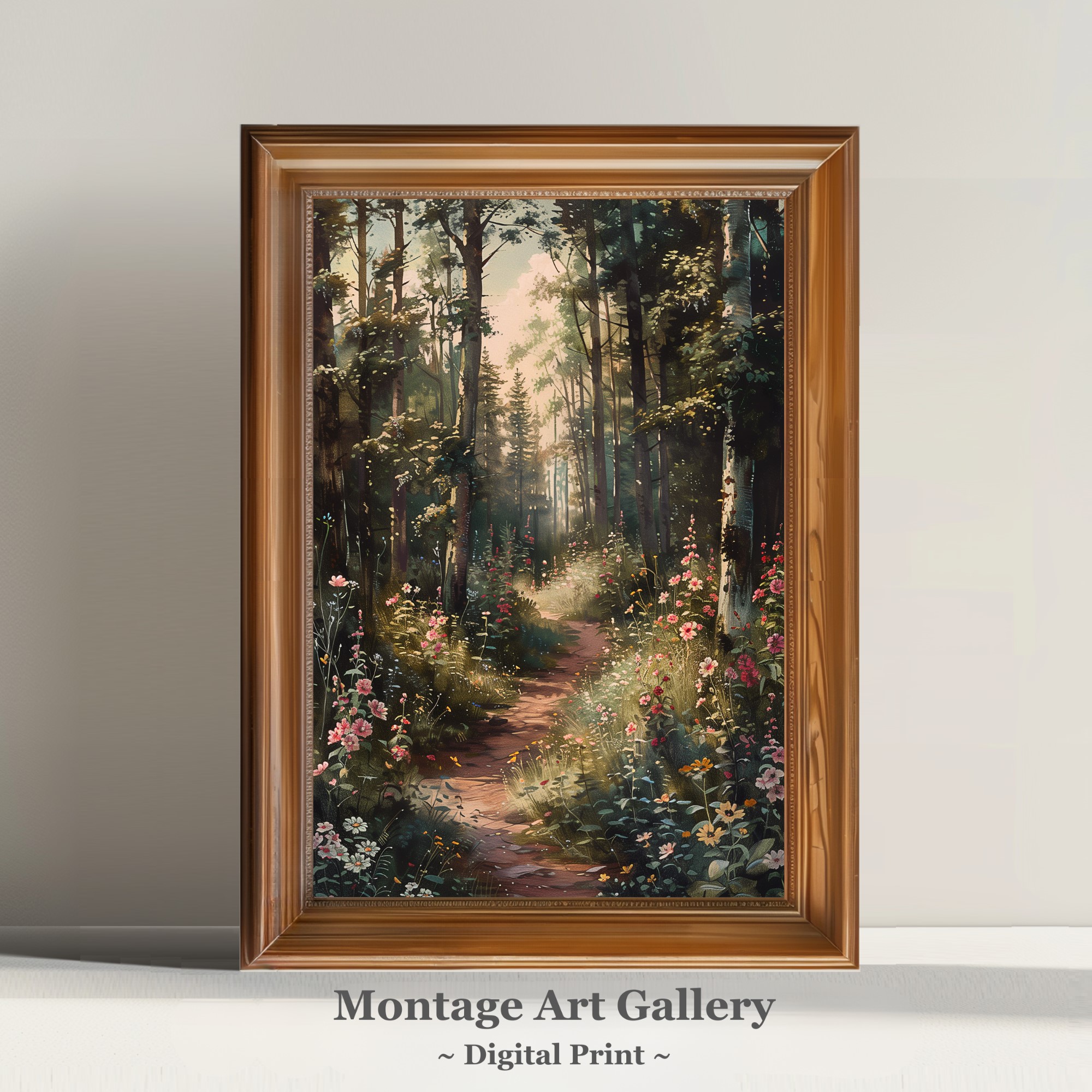 Wildflowers in sunlit woodland art print featuring flowers, trees, and a peaceful nature scene.