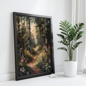 Wildflowers in sunlit woodland art print featuring flowers, trees, and a peaceful nature scene.