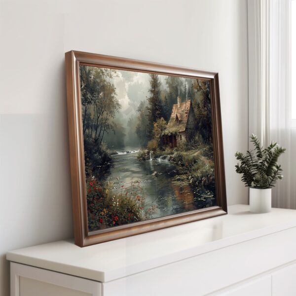 Country Lake House Wall Art Print with Serene Nature and Lakeside Retreat Aesthetics