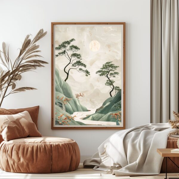 Earthy Tranquility River Stream with Mountain Serenity Nature Landscape Wall Art