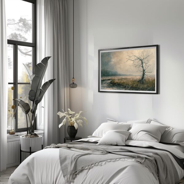 Gloomy Dead Tree Landscape Wall Art Print with Moody Nature and Atmospheric Scenery