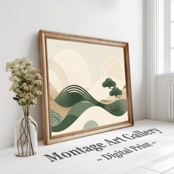 Green Japandi hillside print with abstract nature design in modern earth tones.