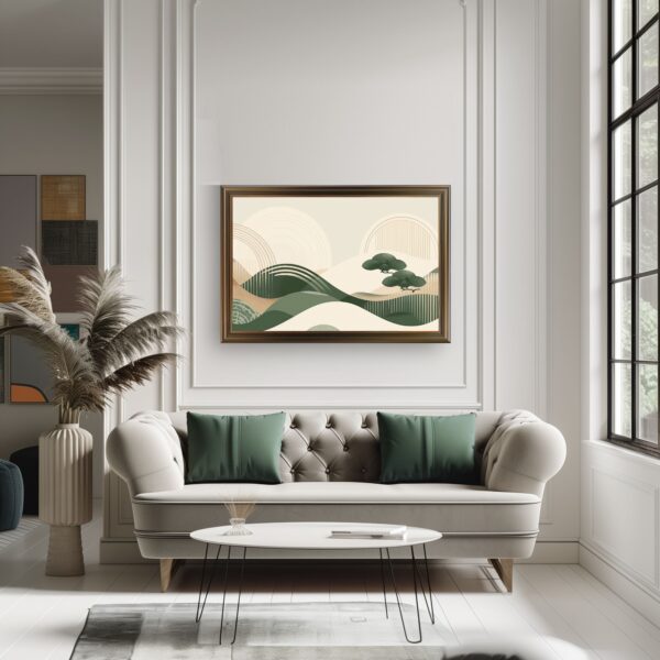 Green Japandi hillside print with abstract nature design in modern earth tones.