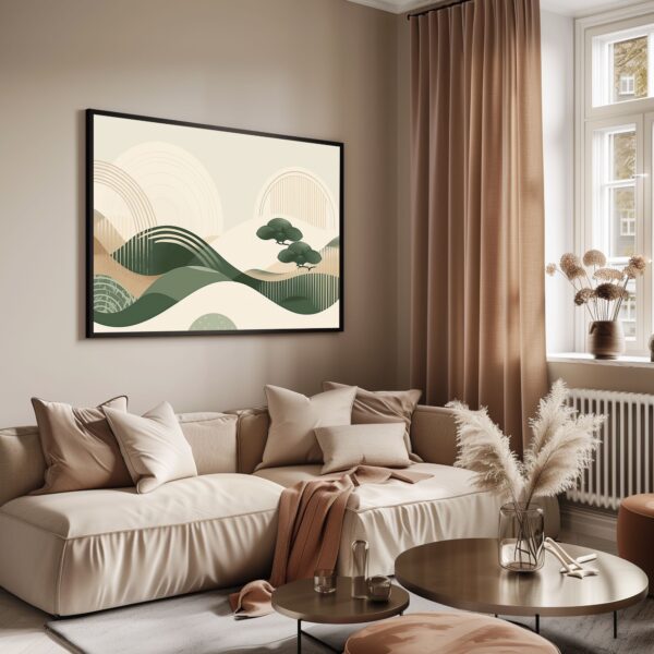 Green Japandi hillside print with abstract nature design in modern earth tones.