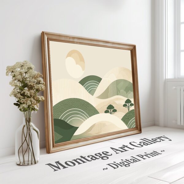 Japandi hillside landscape print with Wabi Sabi minimalist design in green and beige tones.