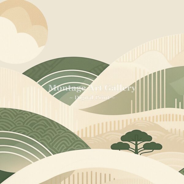 Japandi hillside landscape print with Wabi Sabi minimalist design in green and beige tones.