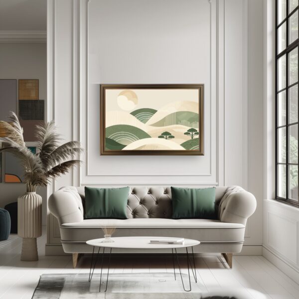 Japandi hillside landscape print with Wabi Sabi minimalist design in green and beige tones.