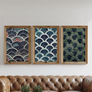 Japanese Wabi Sabi wave set of 3 fabric textured paintings with serene patterns.