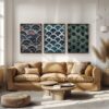 Japanese Wabi Sabi wave set of 3 fabric textured paintings with serene patterns.