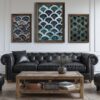 Japanese Wabi Sabi wave set of 3 fabric textured paintings with serene patterns.