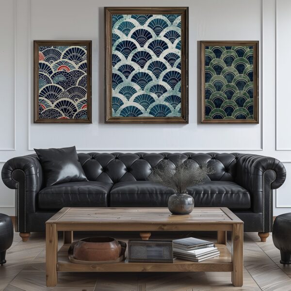 Japanese Wabi Sabi wave set of 3 fabric textured paintings with serene patterns.