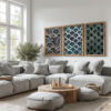 Japanese Wabi Sabi wave set of 3 fabric textured paintings with serene patterns.