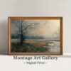 Moody countryside landscape wall art print with serene rural nature featuring trees and fields