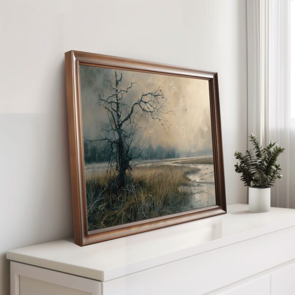 Moody countryside landscape wall art print with serene rural nature featuring trees and fields