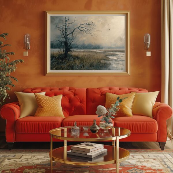 Moody countryside landscape wall art print with serene rural nature featuring trees and fields