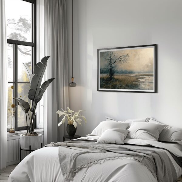 Moody countryside landscape wall art print with serene rural nature featuring trees and fields