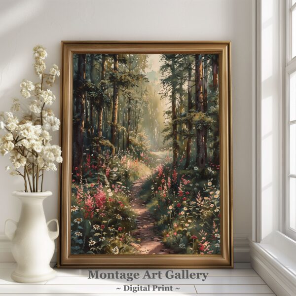 Peaceful woodland nature art print with a summer forest scene for digital wall art home decor