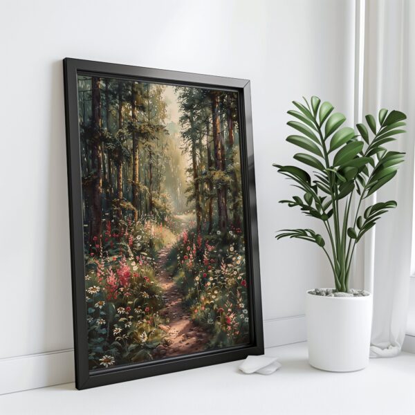 Peaceful woodland nature art print with a summer forest scene for digital wall art home decor