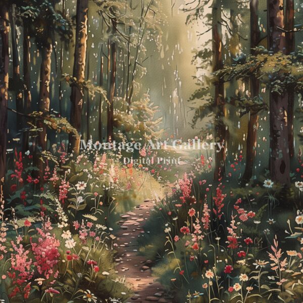 Peaceful woodland nature art print with a summer forest scene for digital wall art home decor