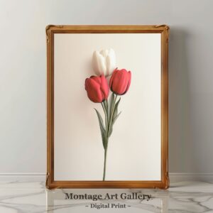 Retro tulips red and white print, classic floral wall art, elegant tulip home decor