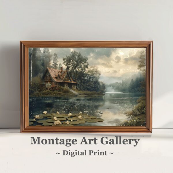 Rustic Lake House Wall Art Print featuring Cottagecore Landscape for Country Home Decor