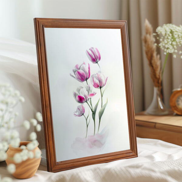 Soft pink tulips watercolor painting, elegant floral wall art for home decor.