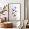 Soft pink tulips watercolor painting, elegant floral wall art for home decor.