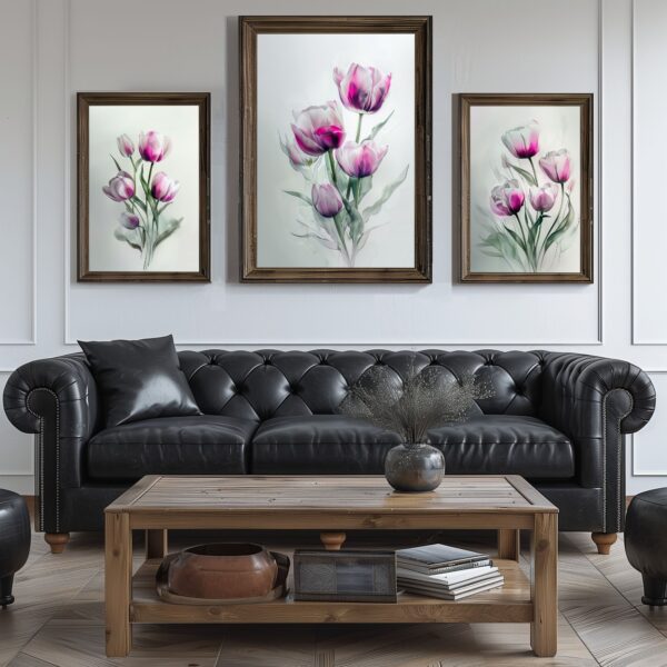 Soft tulips watercolor set of 3 prints with minimalist botanical wall art design