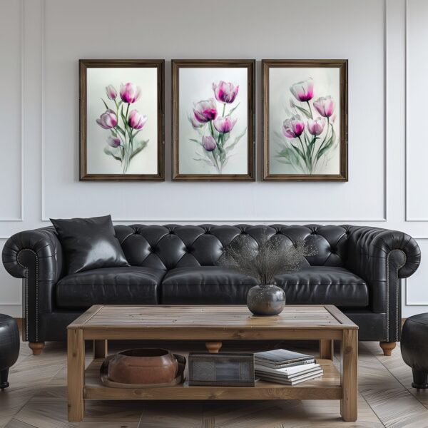 Soft tulips watercolor set of 3 prints with minimalist botanical wall art design