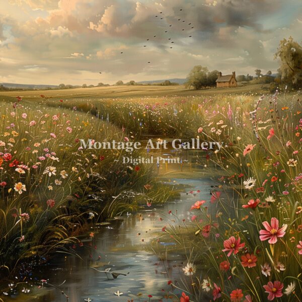 Spring countryside flower field nature wall art painting with peaceful landscape decor