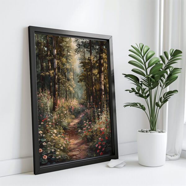 Sunlit Woodland Wildflowers Wall Art Print with Peaceful Nature Scene