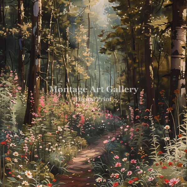 Sunlit Woodland Wildflowers Wall Art Print with Peaceful Nature Scene