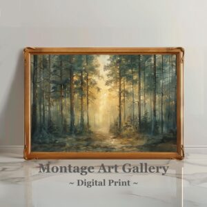 Sunlit Woodland Wall Art Print featuring a tranquil forest scene, perfect for nature-inspired home decor