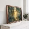 Sunlit Woodland Wall Art Print featuring a tranquil forest scene, perfect for nature-inspired home decor