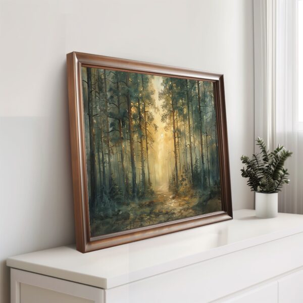 Sunlit Woodland Wall Art Print featuring a tranquil forest scene, perfect for nature-inspired home decor