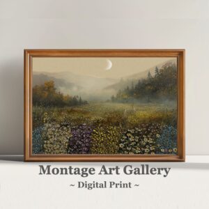 Tranquil Misty Morning Wall Art Print with Vibrant Wildflower Nature Scene.