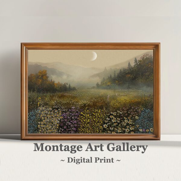 Tranquil Misty Morning Wall Art Print with Vibrant Wildflower Nature Scene.