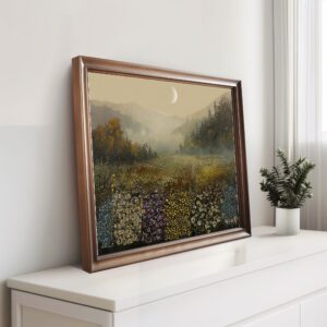 Tranquil Misty Morning Wall Art Print with Vibrant Wildflower Nature Scene.