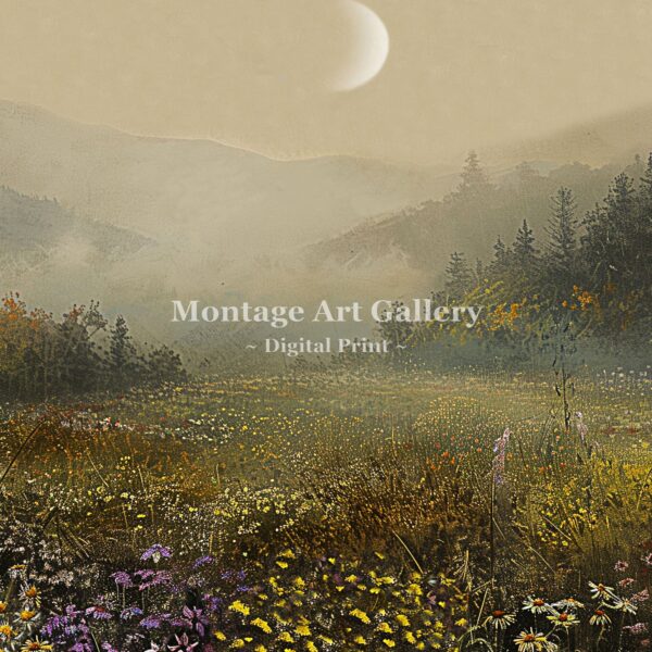 Tranquil Misty Morning Wall Art Print with Vibrant Wildflower Nature Scene.