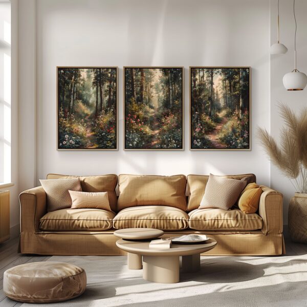 Sunlit Woodland Set of 3 Prints with Forest Nature Art Painting of Flowers and Trees